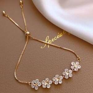 Golden Floral Crystal Adjustable Bracelet - Women's Jewelry